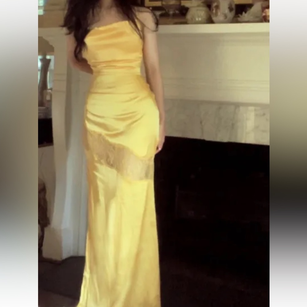 Yellow maxi slip dress with lace cutout. Fits size 0-2